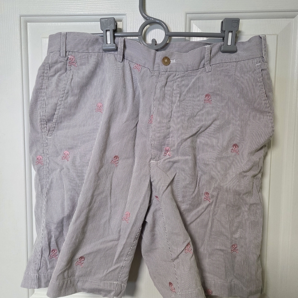 Men's Gray Striped Shorts with Pink Accents
